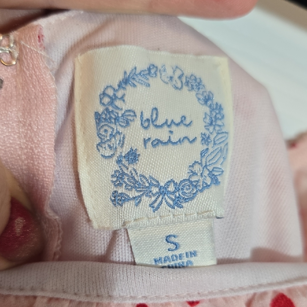 Blue Rain Pink Floral Red Heart Design Long Sleeve Dress Size Small - Picture 2 of 11